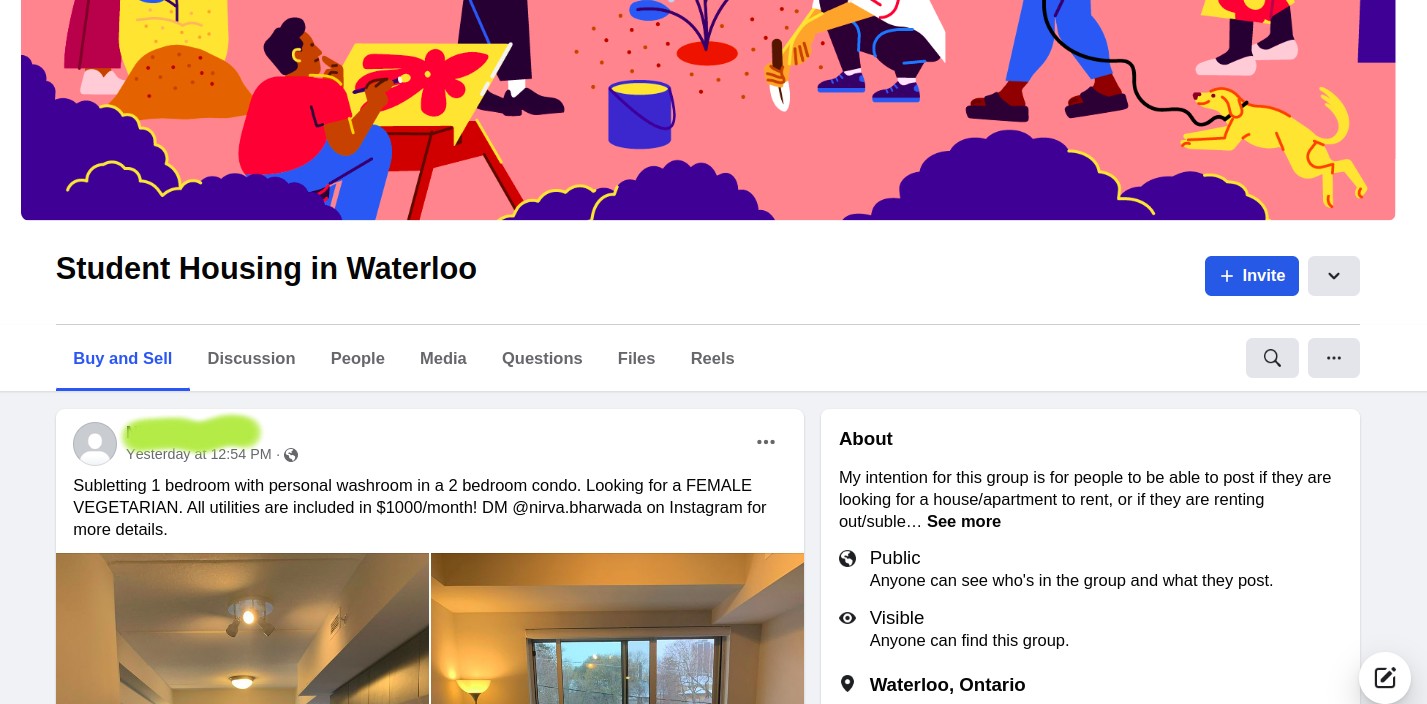 Facebook page untuk mencari tempat tinggal di Waterloo